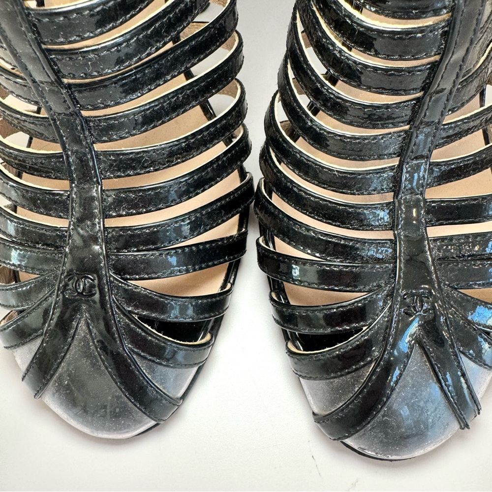 Chanel Black Patent Leather & Clear PVC Cage Block Heel Pumps W CC Logo, Sz 38 - Picture 6 of 13